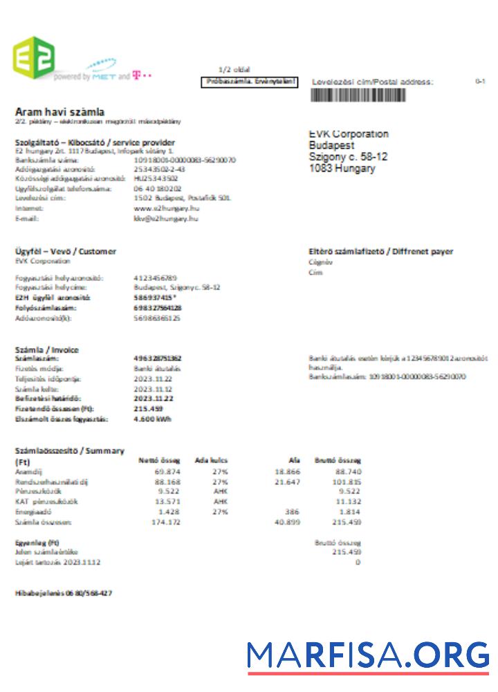 Blank E2 utility business bill SCR download for verification
